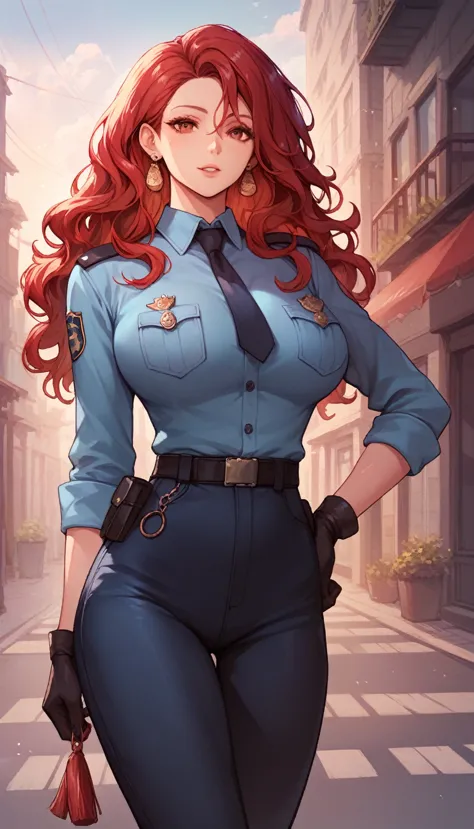 red hair,red eyes,(high quality eyes),masterpiece, best quality, high quality, highres, outdoors, looking at viewer, police unif...