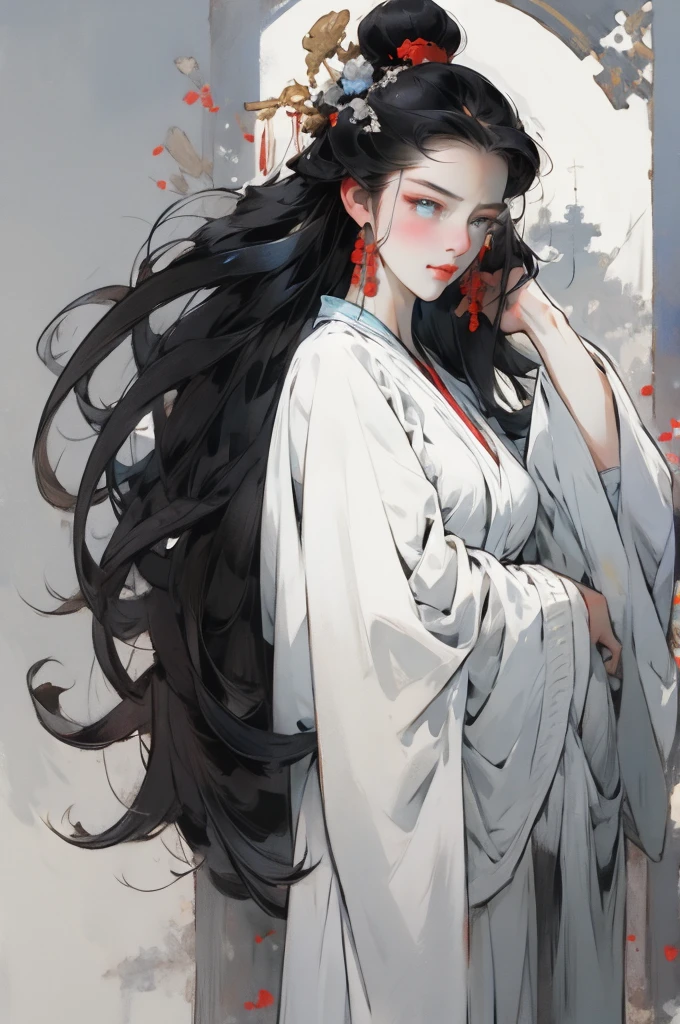 （Beautiful girl in white clothes），Full body standing，Wide sleeves，Big watery eyes，Beautiful face and smooth fair skin，Delicate face，Black long hair，Chinese Beauty，Dressed in ancient Chinese costumes，gossamer，rich and colorful，Bright and colorful，Vibrant digital illustrations，（Clean background），Ink painting style，Clean colors，Decisive cuts，A blank slate，masterpiece， Ultra-delicate，Epic Composition，high quality，Highest quality，4K