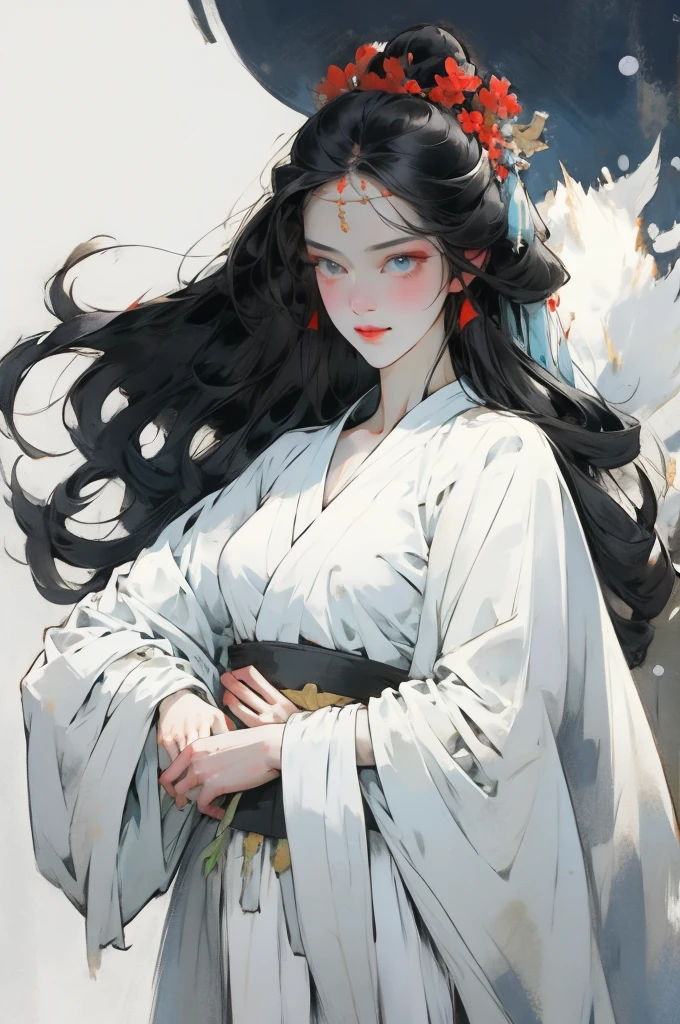 （Beautiful girl in white clothes），Full body standing，Wide sleeves，Big watery eyes，Beautiful face and smooth fair skin，Delicate face，Black long hair，Chinese Beauty，Dressed in ancient Chinese costumes，gossamer，rich and colorful，Bright and colorful，Vibrant digital illustrations，（Clean background），Ink painting style，Clean colors，Decisive cuts，A blank slate，masterpiece， Ultra-delicate，Epic Composition，high quality，Highest quality，4K