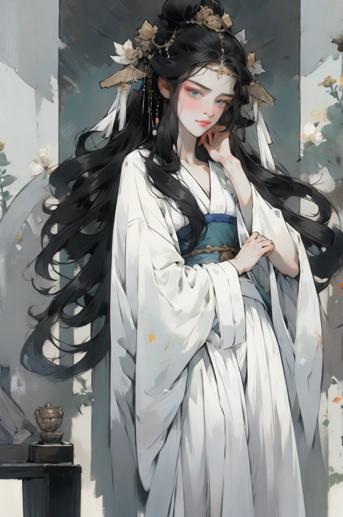 （Beautiful girl in white clothes），Full body standing，Wide sleeves，Big watery eyes，Beautiful face and smooth fair skin，Delicate face，Black long hair，Chinese Beauty，Dressed in ancient Chinese costumes，gossamer，rich and colorful，Bright and colorful，Vibrant digital illustrations，（Clean background），Ink painting style，Clean colors，Decisive cuts，A blank slate，masterpiece， Ultra-delicate，Epic Composition，high quality，Highest quality，4K