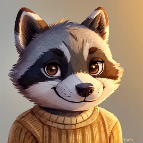 headshot of a cute and grey fur anthropomorphic raccoon, closed smile, animal crossing style, he has brown eyes, grey ears, he's...