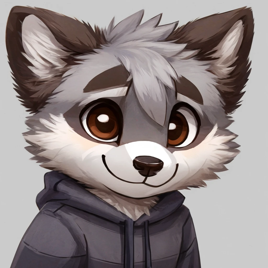 Porträtfoto eines süßen anthropomorphen Waschbären mit grauem Fell, geschlossenes Lächeln, Chibi-Stil, Er hat braune Augen, Graue Ohren, er trägt einen Pullover, Hochwertige Furry-Kunst, hochwertige Fursona-Referenz.