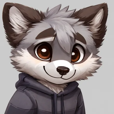 headshot of a cute and grey fur anthropomorphic raccoon, closed smile, chibi style, he has brown eyes, grey ears, he's dressed w...