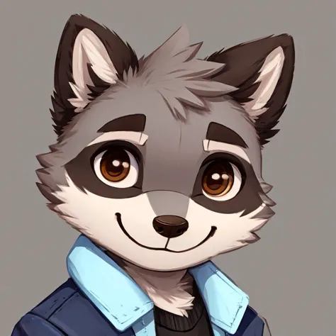 headshot of a cute and grey fur anthropomorphic raccoon, closed smile, chibi style, he has brown eyes, grey ears, he's dressed w...