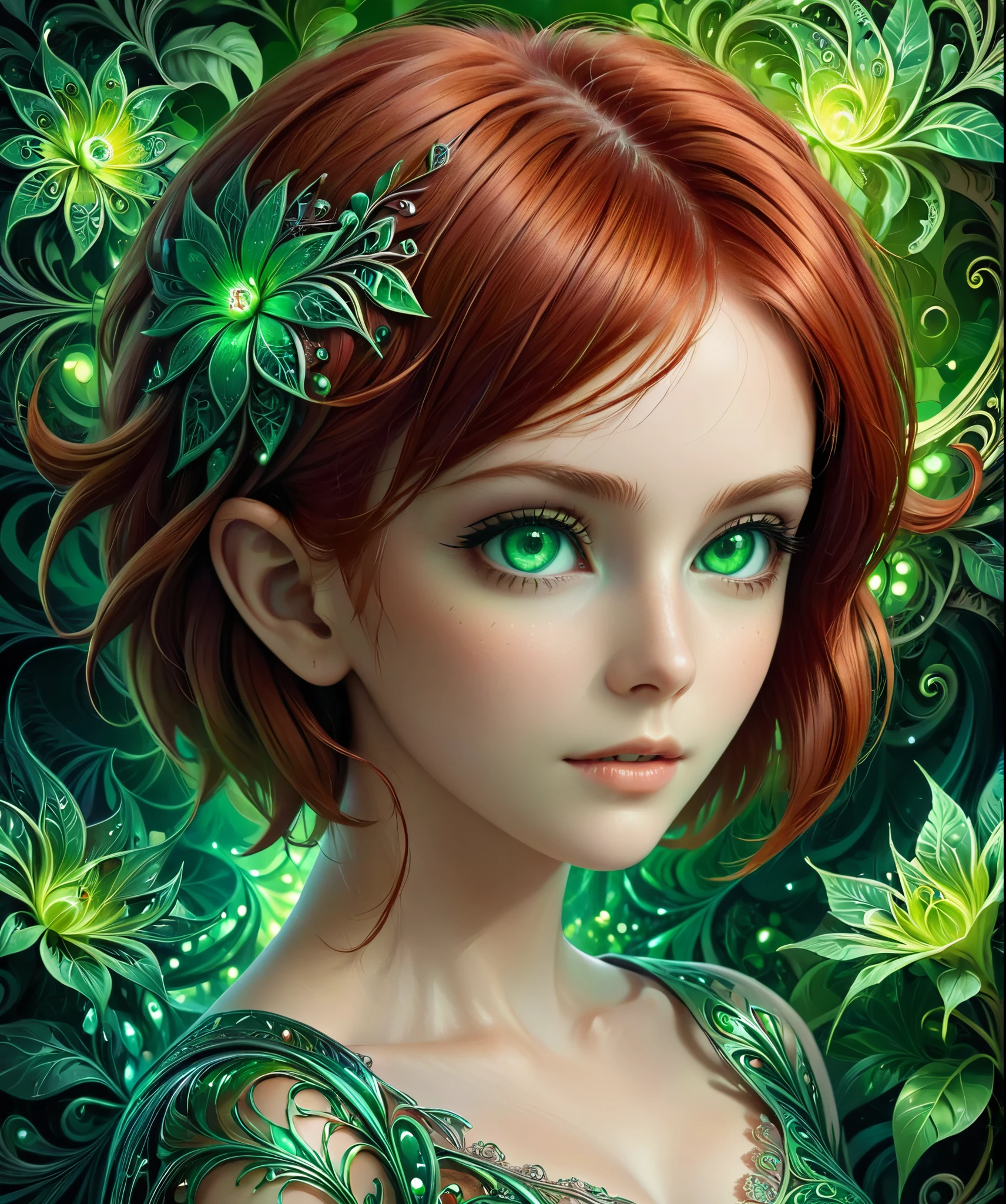 (masterpiece, top quality, top quality, official art, Beautiful、aesthetic:1.2), (Short , Red hair, green eyes girl 15 years old), Very detailed,(fractal art:1.3),Colorful,The most detailed, Background with fractals and various details of flowers and greenery