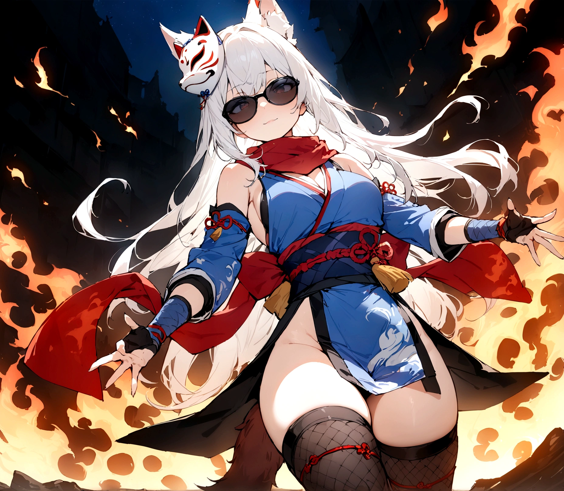 Wear black sunglasses、Through black sunglasses、Burning flame background、Beautiful shoulders and upper arms、Burning Fire、Through black sunglassesにこちらを見つめる、(masterpiece, best quality:1.2), 1girl, 独奏,Wolf girl, fox mask, ninja, girl, long white hair, odd eyes, blue kimono, ninja girl, red and blue scarf,Dancing fire backlighting, light coming in, fantastic atmosphere.night、Shadows of light and darkness、Eyes glowing in the dark、Black fox mask、Fisheye Lens、Expansive starry sky、long hair that spreads、Aside exposure