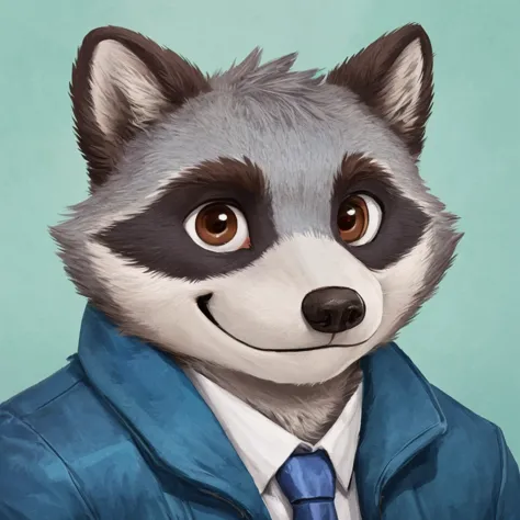 headshot of a cute and grey fur anthropomorphic raccoon, closed smile, he has brown eyes, he's dressed with a blue jacket, high ...