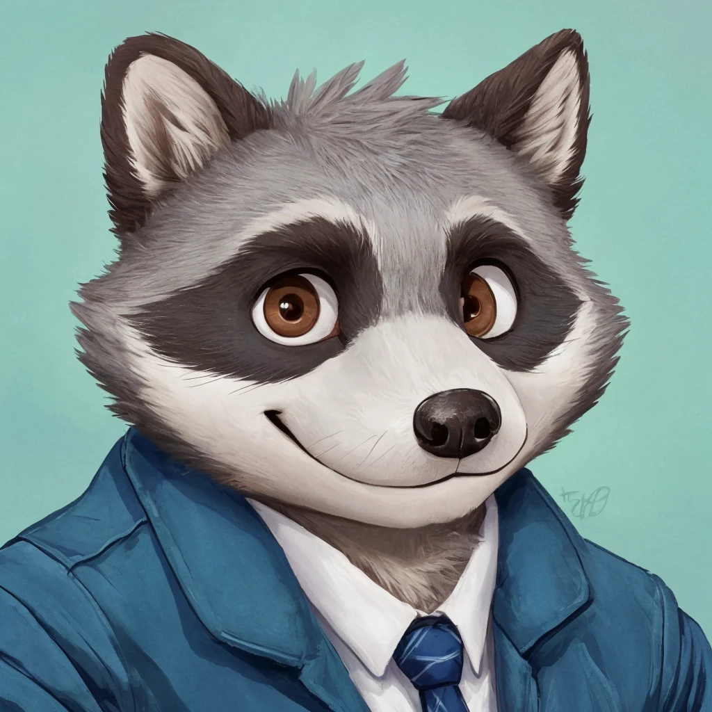 headshot of a cute and grey fur anthropomorphic raccoon, closed smile, he has brown eyes, he's dressed with a blue jacket, high quality furry art, high quality fursona ref.