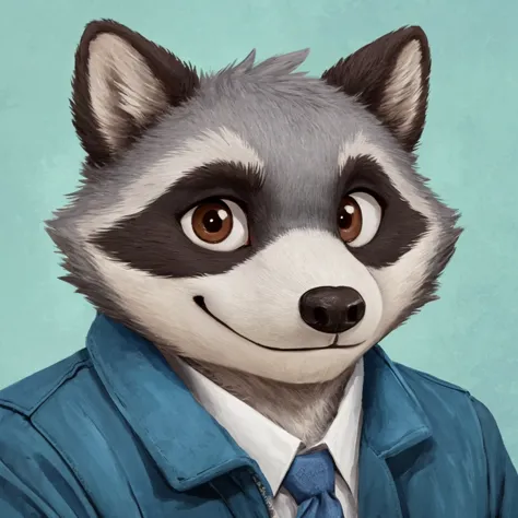 headshot of a cute and grey fur anthropomorphic raccoon, closed smile, he has brown eyes, he's dressed with a blue jacket, high ...