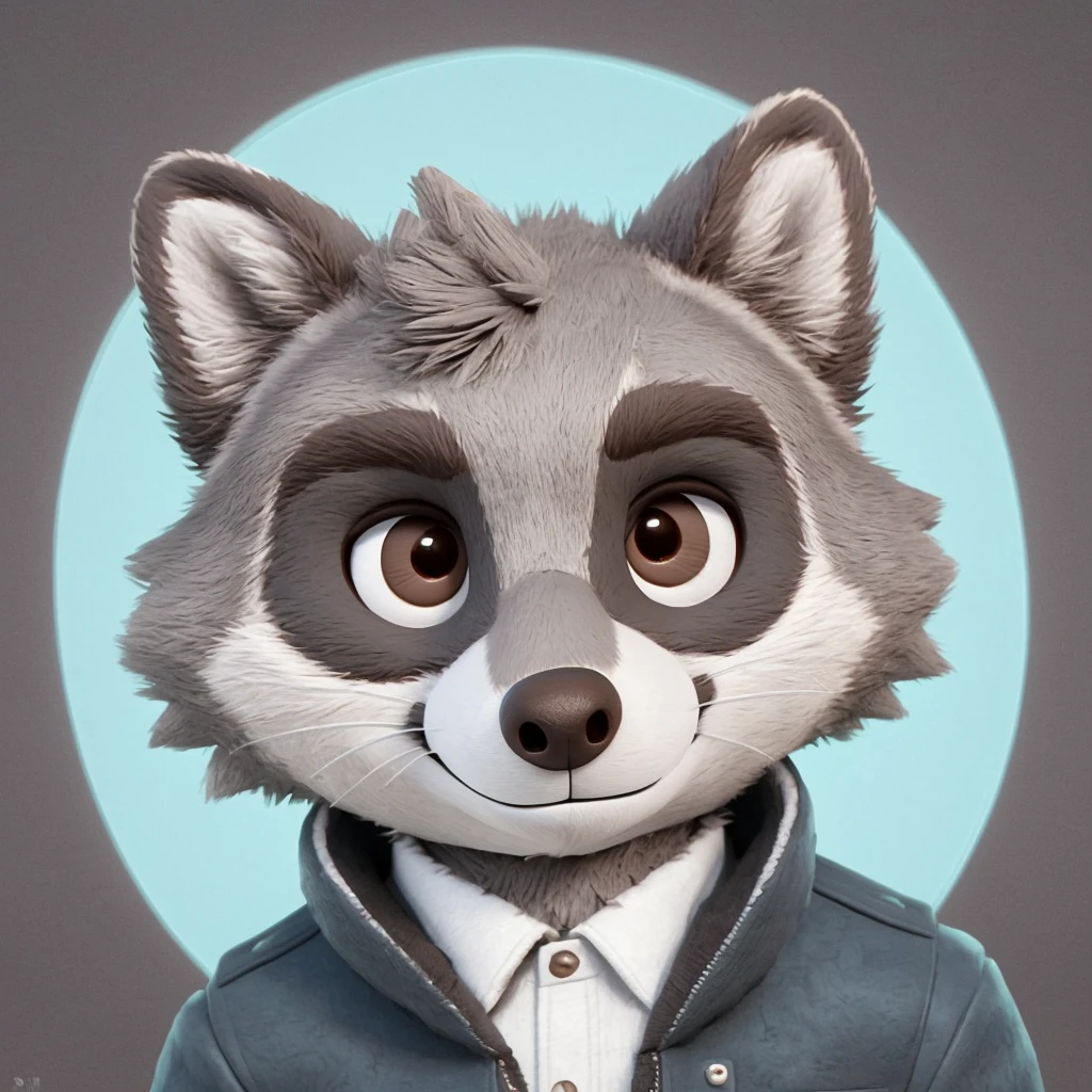 headshot of a cute and grey fur anthropomorphic raccoon, closed smile, he has brown eyes, grey ears, he's dressed with a jacket, high quality furry art, high quality fursona ref. 3d style.