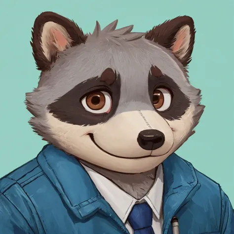 headshot of a cute and grey fur anthropomorphic raccoon, closed smile, he has brown eyes, animal crossing style, he's dressed wi...