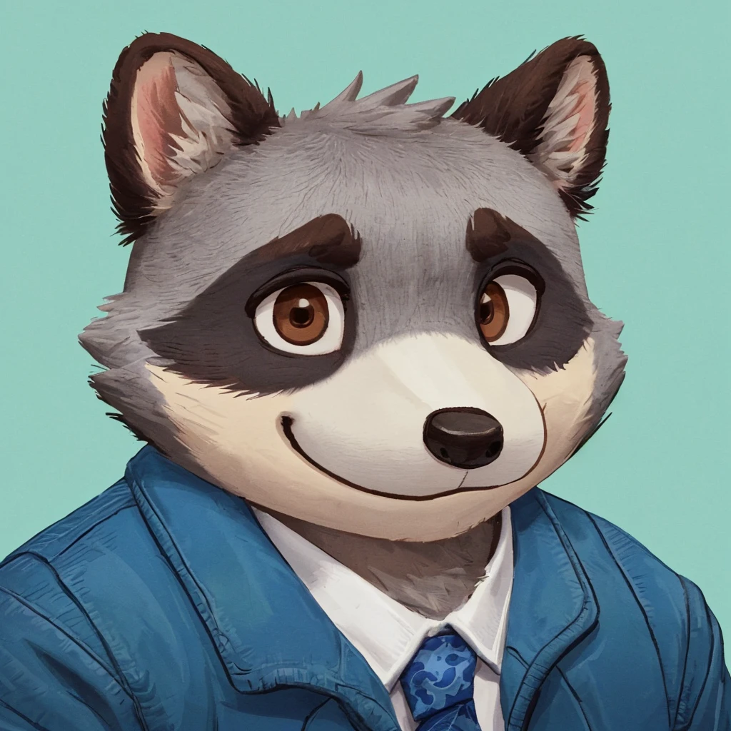 headshot of a cute and grey fur anthropomorphic raccoon, closed smile, he has brown eyes, animal crossing style, he's dressed with a blue jacket, high quality furry art, high quality fursona ref.