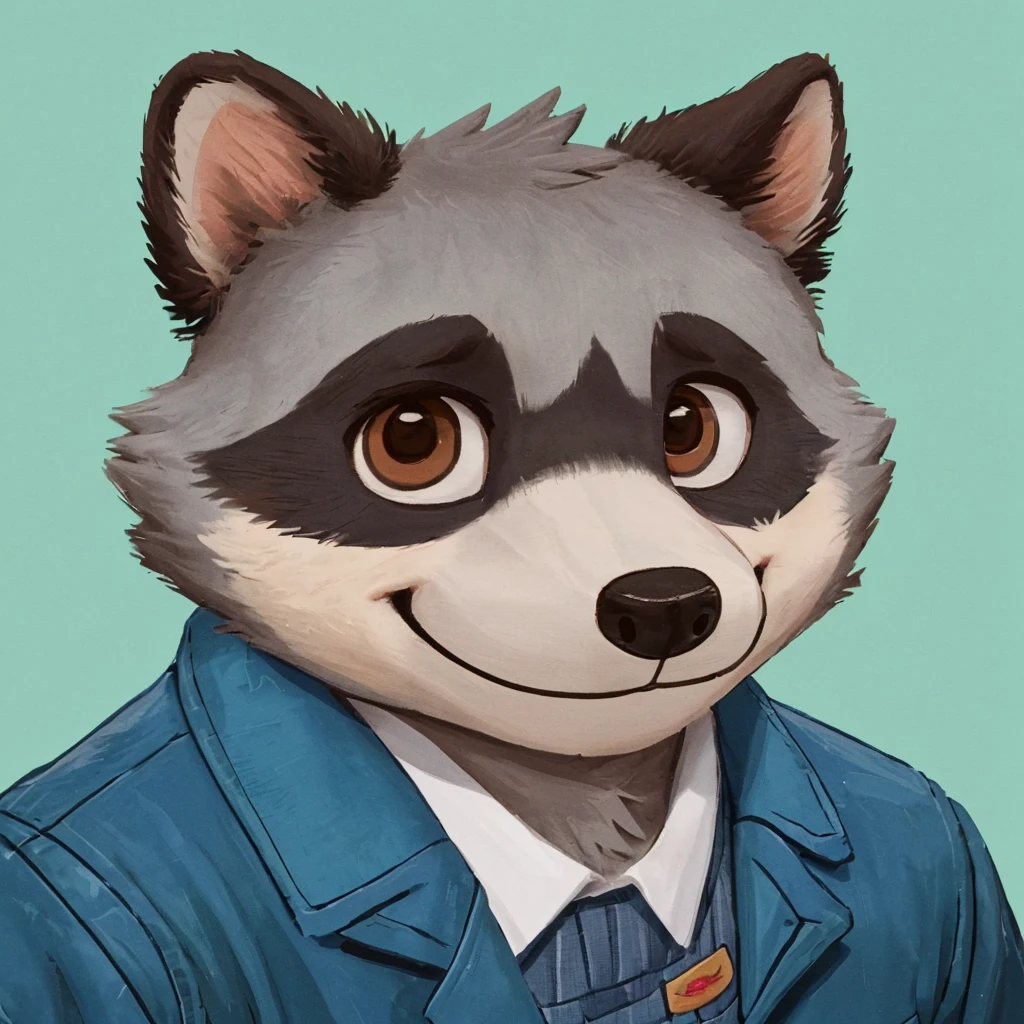 headshot of a cute and grey fur anthropomorphic raccoon, closed smile, he has brown eyes, animal crossing style, he's dressed with a blue jacket, high quality furry art, high quality fursona ref.