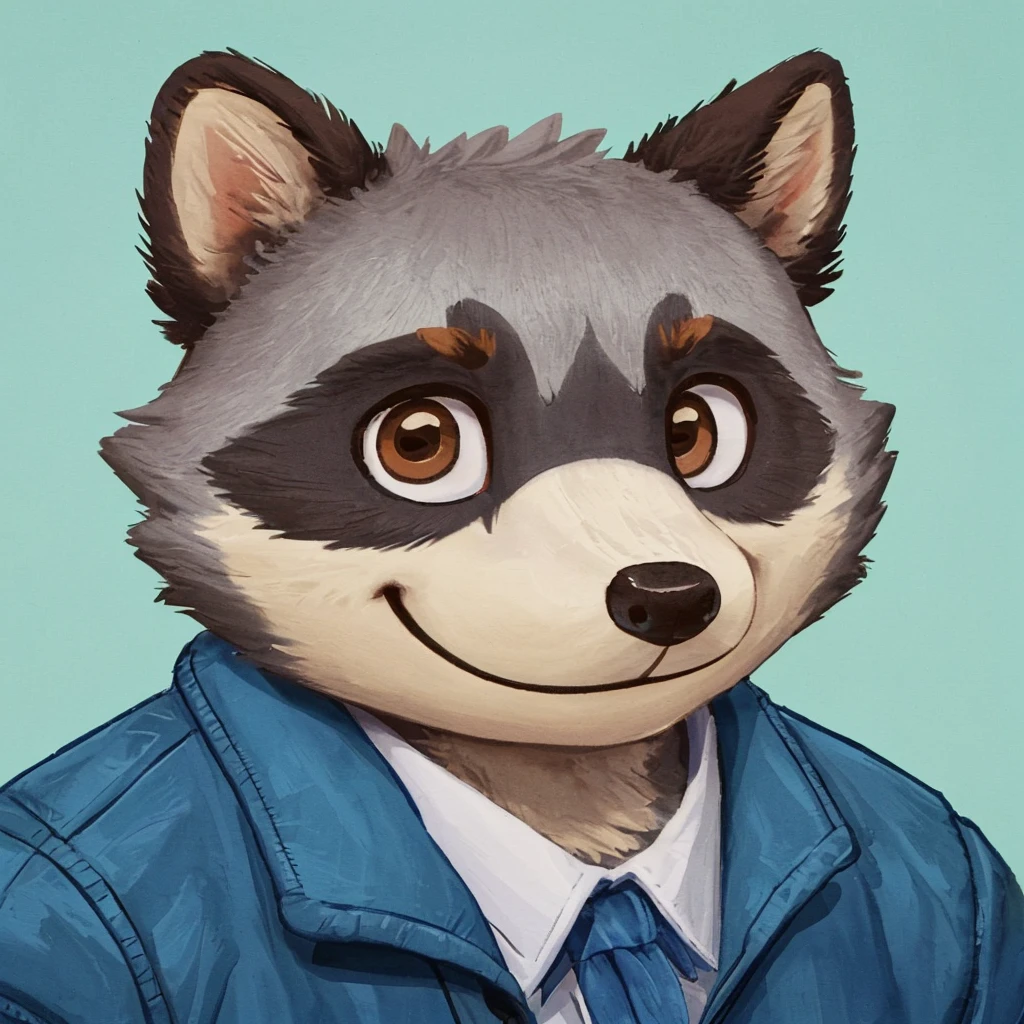 Porträtfoto eines süßen anthropomorphen Waschbären mit grauem Fell, geschlossenes Lächeln, Er hat braune Augen, Animal Crossing-Stil, er trägt eine blaue Jacke, Hochwertige Furry-Kunst, hochwertige Fursona-Referenz.