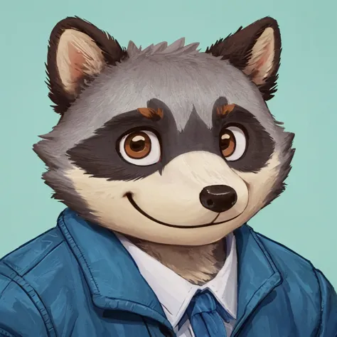 headshot of a cute and grey fur anthropomorphic raccoon, closed smile, he has brown eyes, animal crossing style, he's dressed wi...