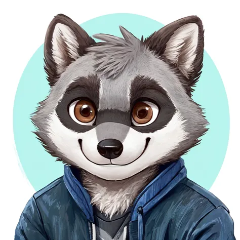 headshot of a cute and grey fur anthropomorphic raccoon, closed smile, he has brown eyes, grey ears, he's dressed with a blue ja...