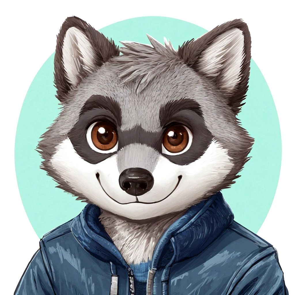 headshot of a cute and grey fur anthropomorphic raccoon, closed smile, he has brown eyes, grey ears, he's dressed with a blue jacket, high quality furry art, high quality fursona ref.