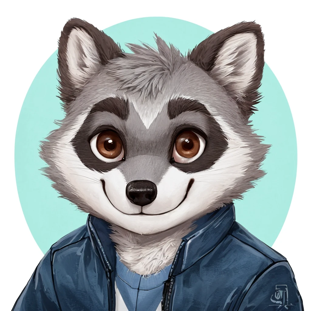 headshot of a cute and grey fur anthropomorphic raccoon, closed smile, he has brown eyes, grey ears, he's dressed with a blue jacket, high quality furry art, high quality fursona ref.