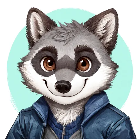headshot of a cute and grey fur anthropomorphic raccoon, closed smile, he has brown eyes, grey ears, he's dressed with a blue ja...