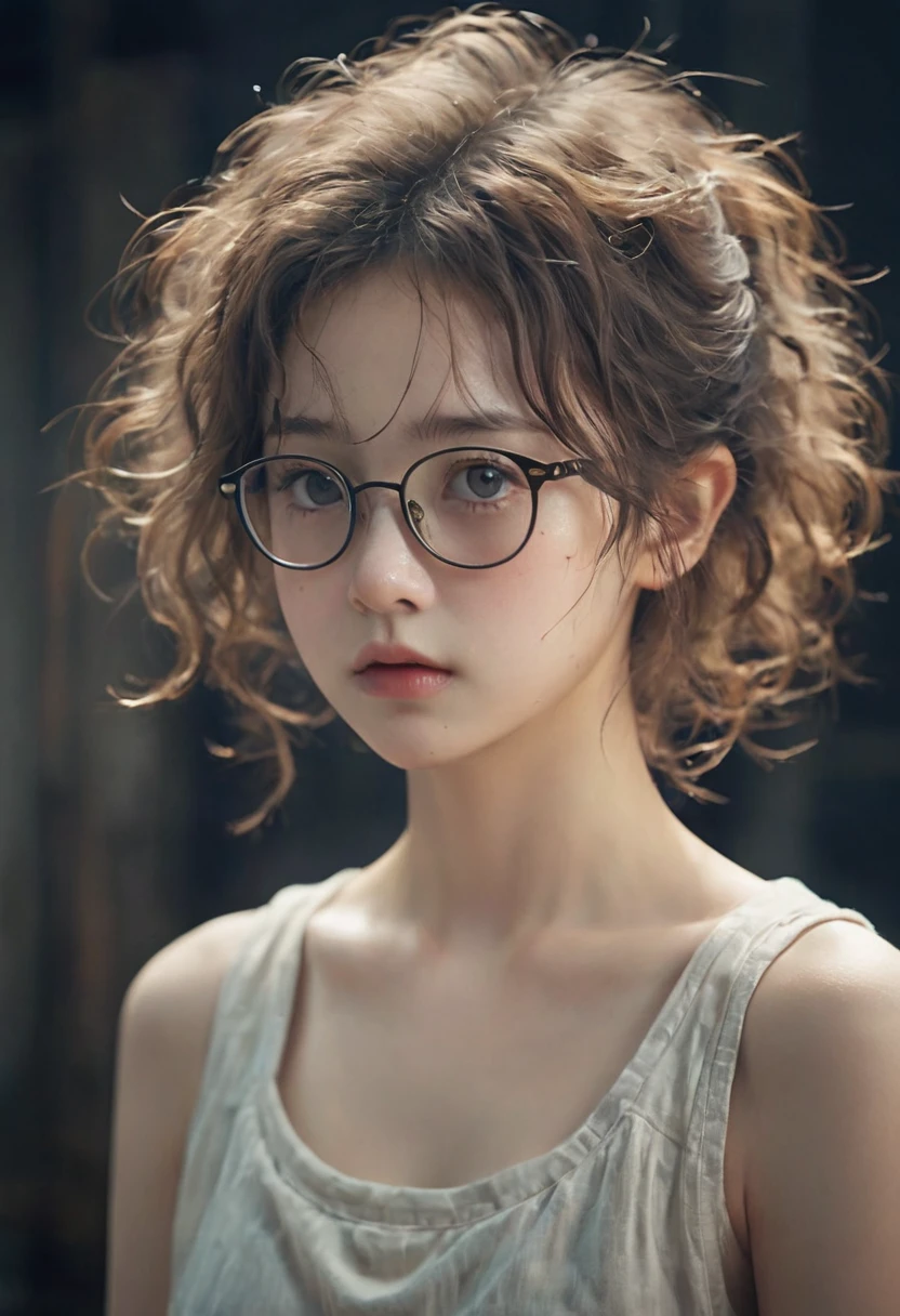 (Model shooting style), A sad homeless little girl, (wear glasses), dressing a old torn clothes, (Shy), 1 Girl, Solitary, brown、curly、Messy hair, Very detailed face, beautiful eyes, [Chubby], Lovely, Ruddy cheeks，Bright, Sad eyes, Stunning beauty, (Rembrandt Lighting), Zeiss lenses, Surreal, (High Detail Skin:1.2), 8K Ultra HD, Digital SLR Camera, Dramatic rim light, high quality, Fuji XT3,