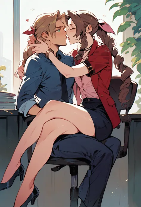 aerith the office lady、sitting in a chair、crossing your legs、throw kiss、wink