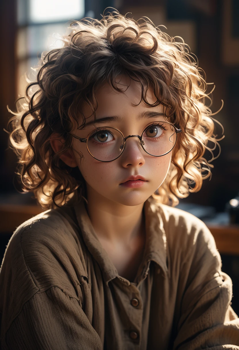 (Model shooting style), A sad homeless little girl, (wear glasses), dressing a old torn clothes, (Shy), 1 Girl, Solitary, brown、curly、Messy hair, Very detailed face, beautiful eyes, [Chubby], Lovely, Ruddy cheeks，Bright, Sad eyes, Stunning beauty, (Rembrandt Lighting), Zeiss lenses, Surreal, (High Detail Skin:1.2), 8K Ultra HD, Digital SLR Camera, Dramatic rim light, high quality, Fuji XT3,