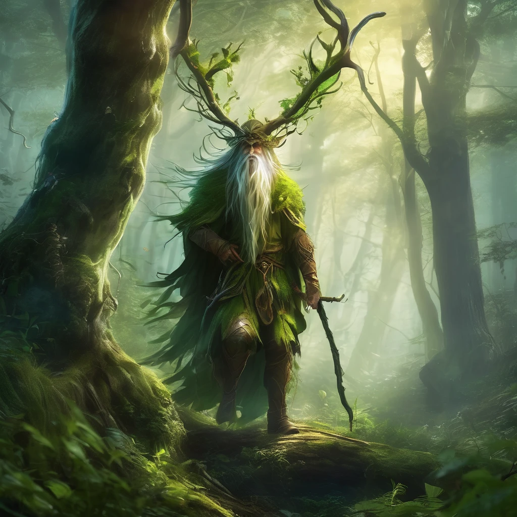 Ätherisch fantasy concept art of leshy hunter, mittelalterliche Fantasie, im verdorbenen Wald, . fabelhaft, paradiesisch, Ätherisch, malerisch, Epos, majestätisch, Magie, Fantasy-Kunst, Abdeckung, verträumt,