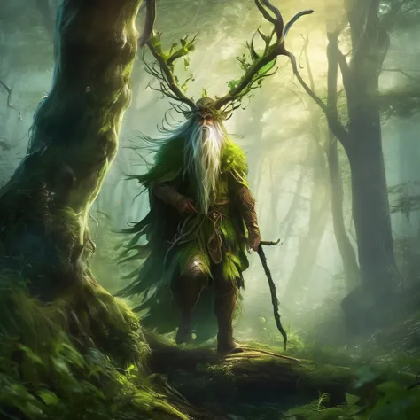 ethereal fantasy concept art of leshy hunter, medieval fantasy, in the corrupt forest, . fabulous, heavenly, ethereal, picturesq...