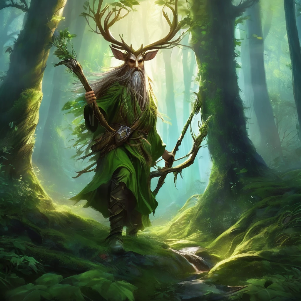 Ätherisch fantasy concept art of leshy hunter, mittelalterliche Fantasie, im verdorbenen Wald, . fabelhaft, paradiesisch, Ätherisch, malerisch, Epos, majestätisch, Magie, Fantasy-Kunst, Abdeckung, verträumt,