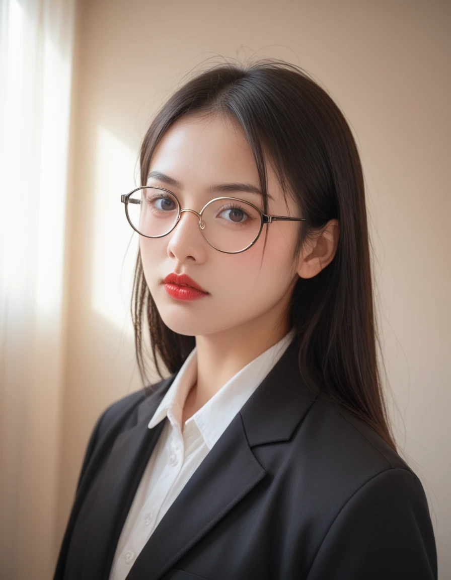 スコア_9,スコア_8_上,スコア_7_上,8K,Close-上 portrait of a young East Asian woman with long black hair and round gold-rimmed glasses. 黒のスーツジャケットを着ている. 彼女の表情は真剣です, カメラをまっすぐに見つめる. 白い肌と赤い唇. 背景がぼやけている, 屋内での使用を推奨. 柔らかい, 自然光. 高解像度, 顔に焦点を合わせた詳細な画像