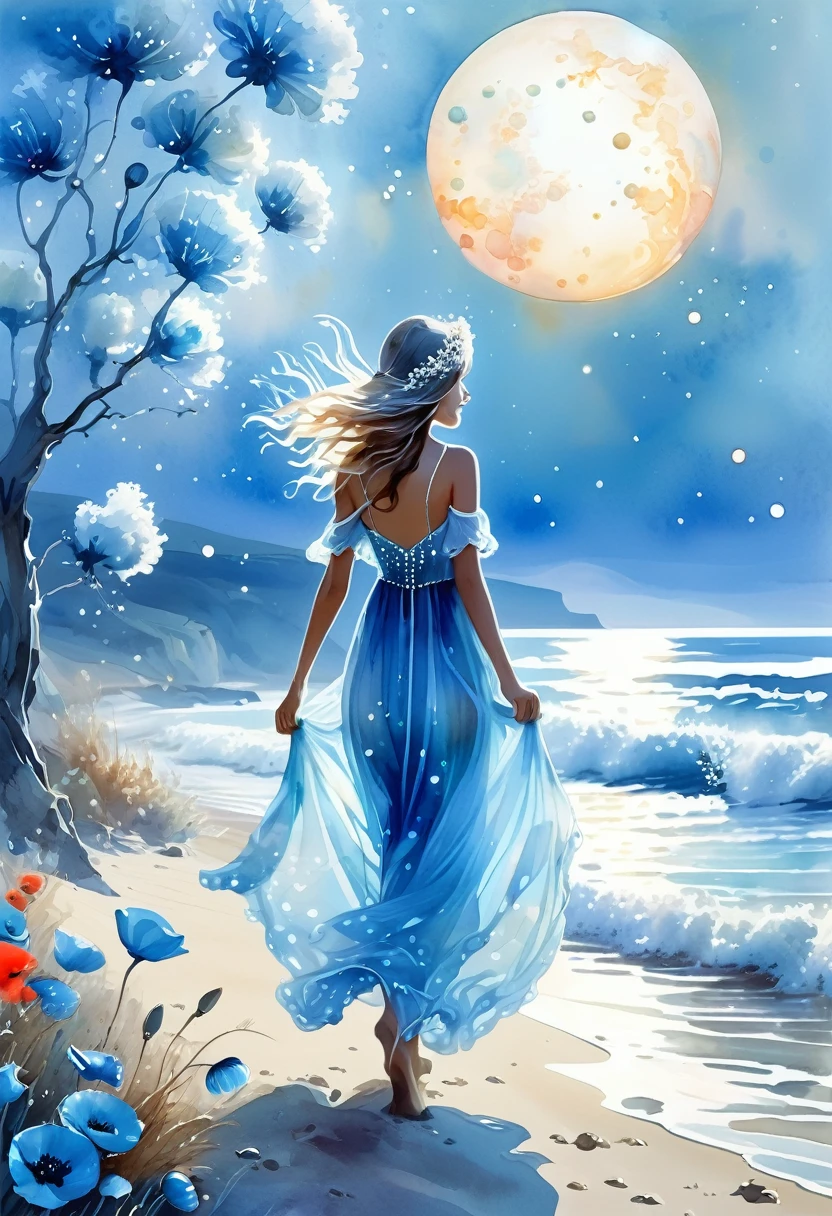 digital watercolor, extraterrestrial space landscape, the rising of jupiter is visible, a girl walks along the seashore, smiling mysteriously, in an ephemeral blue-white translucent dress, a necklace on her neck, pearls in her hair, the shore consists of pearls, in the distance huge, like blue-white trees poppies to the sky, stylized watercolor, azhrograph painting, soft cinematic volumetric light, flowers, floral