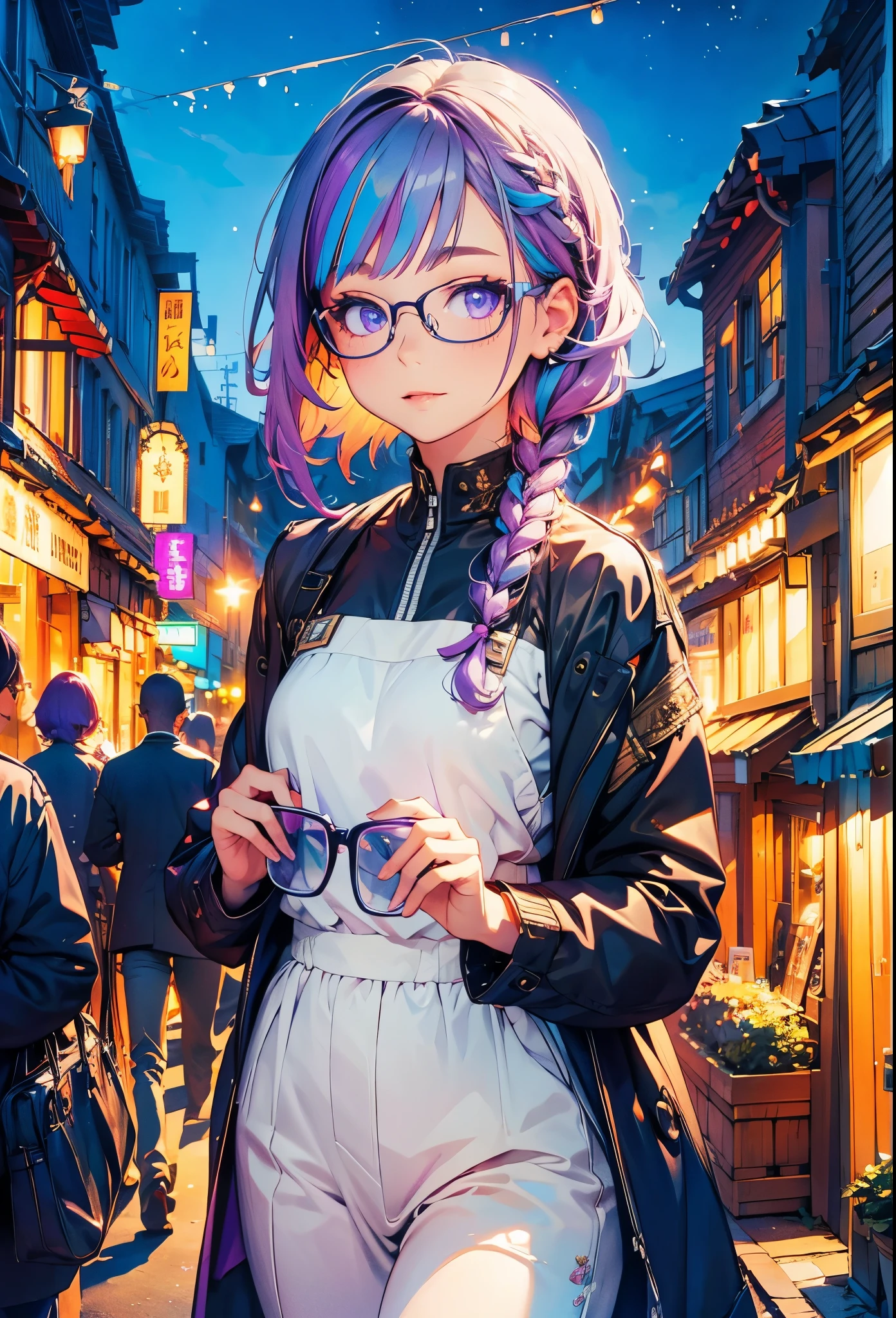 ((Very detailed), Town, night, neon, stars, Exterior lights, building, emissive, lights), ((Cinematic), neonで描く, Gradation, Crisp lighting), ((Ultra-detailed, Beautiful Face, 1 girl), one girl, Very detailed, whole body, cute, Beautiful eyes drawn in detail, very long hair, Braid, white hair, purple hair, violet hair, multicolored hair, glasses, Wearing glasses, ennui, Beautiful Hands, Fluttering Hair))