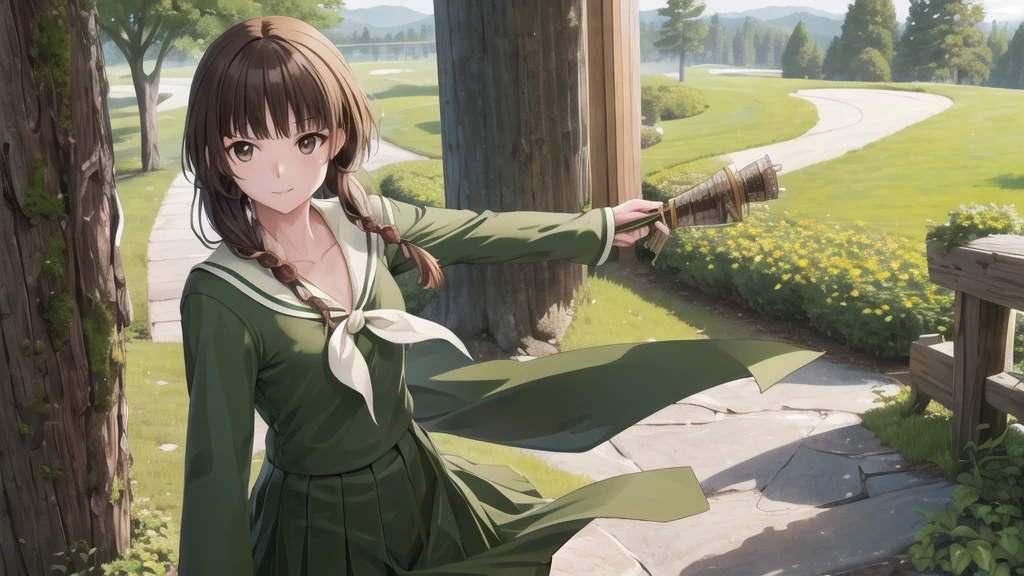 masterpiece, Highest quality, High resolution, aayoshino, , thin, Long Hair, Twin Blade, Brown eyes, Hair that falls over the shoulders, , Sailor collar, neckerchief, Green Shirt, One piece sailor shirt, Long sleeve, Green Skirt, Long skirt, Are standing, Cowboy Shot, Outdoor, Person on the right, Shining Face