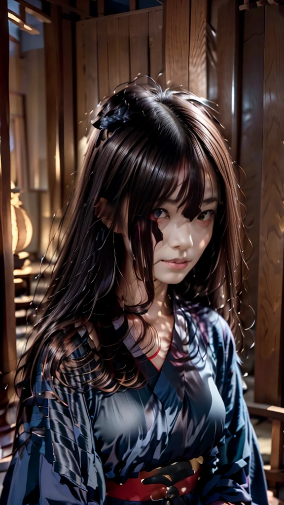 Ultra-detailed, master piece, (best quality:1.5), (high resolution:1.5), (midnight: 1.5), Edo period, (girl in old kimono:1.5), (beautiful Japanese face), (red eyes:1.3), bangs, (long black hair:1.5), (standing in corner of dark room), (Japanese traditional room at night with eerie atmosphere:1.5), youkai, Japan, (Super Scary: 1.5), (expressionless face:1.5), Japanese Horror, Hyper Realistic, Ominous Atmosphere, Realistic