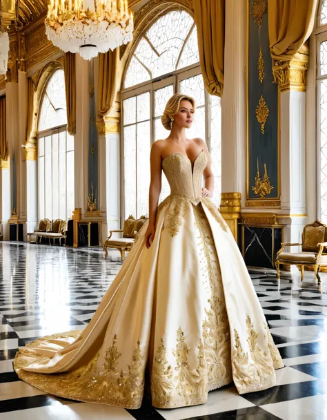 A blonde woman in an elegant ball gown, standing in a grand palace with opulent decor and royal furnishings.