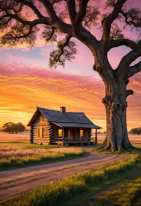 a rustic log cabin, nestled beneath a sprawling oak tree, stands silhouetted against a breathtaking sunset. the golden light bat...