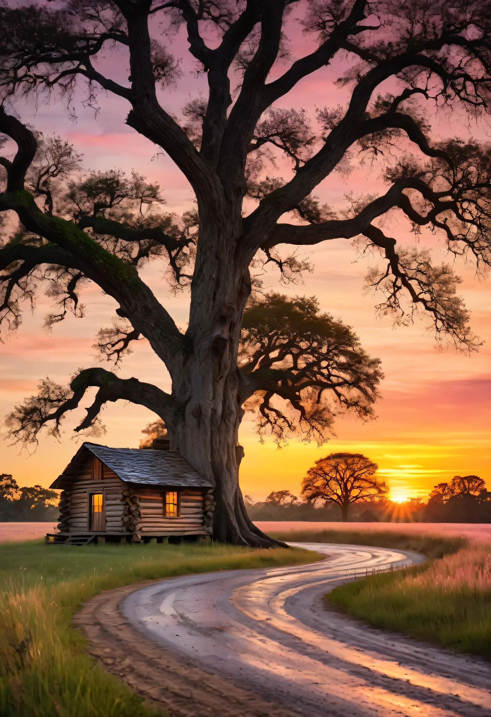 A rustic log cabin, nestled beneath a sprawling oak tree, stands silhouetted against a breathtaking sunset. The golden light bathes the scene in a warm glow, casting long shadows across the fields and winding road. The clouds above are painted with hues of pink and orange, creating a sense of peace and tranquility.