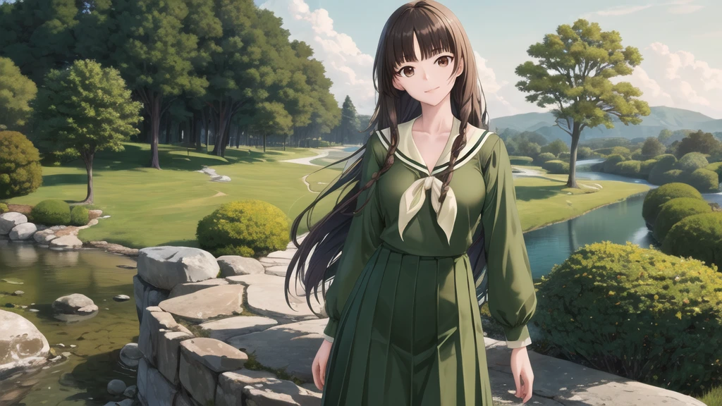 masterpiece, Highest quality, High resolution, aayoshino, , thin, Long Hair, Twin Blade, Brown eyes, Hair that falls over the shoulders, , Sailor collar, neckerchief, Green Shirt, One piece sailor shirt, Long sleeve, Green Skirt, Long skirt, Are standing, Cowboy Shot, Outdoor, Person on the right, Shining Face, Slender