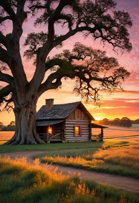 a rustic log cabin, nestled beneath a sprawling oak tree, stands silhouetted against a breathtaking sunset. the golden light bat...