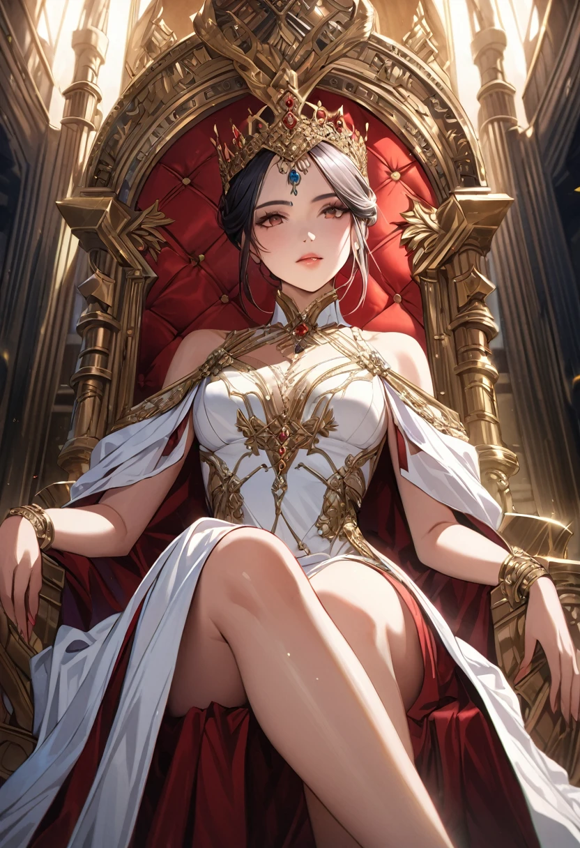 A magnificent Queen sitting on the throne, European, detailed face, intricate dress, ornate throne, luxurious interior, dramatic lighting, cinematic angle, photorealistic, 8k, high resolution, hyper detailed, masterpiece,refiner: woman face