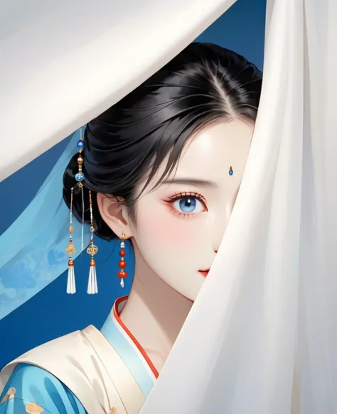 a chinese woman with black hair, blue eyes and earrings in her ears is peeking out from behind the white cloth with half of her ...