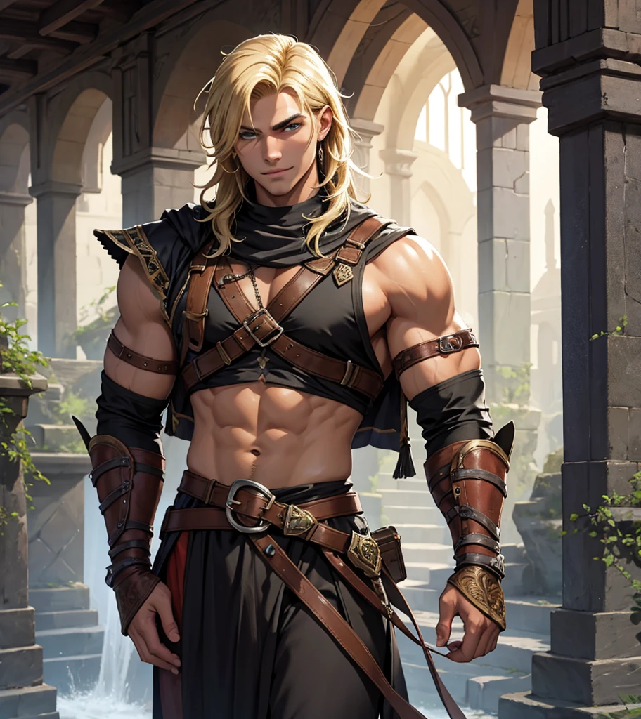 (((Single character image.))) (((1boy))) (((Luxurious hair and sexy smirk.))) (((18 years old.))) (((18yo.))) (((Dressed in medieval fantasy attire.))) (((Looks like a younger version of Lazar Angelov.))) Cute guy. Hot guy.  (((Looks like Adonis.))) (((Dressed in medieval fantasy attire.))) (((Intense, sexy stare.))) (((Beautiful shoulder length blond hair.))) Gorgeous male character with a body that women lust for.  (((Lusty smirk.))) Looks like a fun-loving and heroic male adventurer for Dungeons & Dragons. Looks like a very attractive male adventurer for a high fantasy setting. Looks like a hot boyfriend. Looks like a handsome and rugged male adventurer for Dungeons & Dragons. Looks like a handsome male for a medieval fantasy setting. Looks like a Dungeons & Dragons adventurer, very cool and masculine hair style, black clothing, handsome, charming smile, adventurer, athletic build, excellent physique, confident, gorgeous face, gorgeous body,  detailed and intricate, fantasy setting,fantasy art, dungeons & dragons, fantasy adventurer, fantasy NPC, attractive male in his mid 20's, ultra detailed, epic masterpiece, ultra detailed, intricate details, digital art, unreal engine, 8k, ultra HD, centered image award winning, fantasy art concept, digital art, centered image, flirting with viewer, best quality:1.0,hyperealistic:1.0,photorealistic:1.0,madly detailed CG unity 8k wallpaper:1.0,masterpiece:1.3,madly detailed photo:1.2, hyper-realistic lifelike texture:1.4, picture-perfect:1.0,8k, HQ,best quality:1.0,
