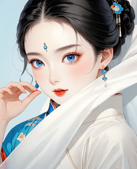 a chinese woman with black hair, blue eyes and earrings in her ears is peeking out from behind the white cloth with half of her ...