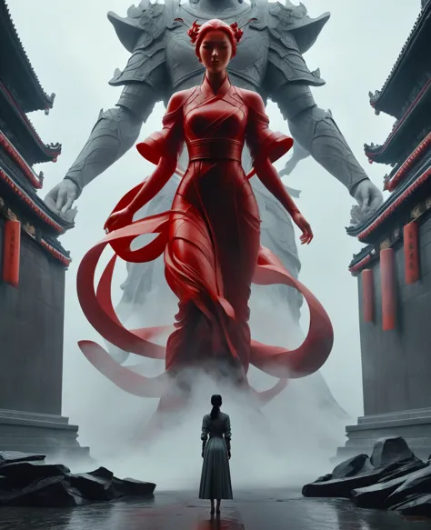 the woman stands in front of a giant statue, in the style of cinematic sets, fenghua zhong, alessio albi, red and gray, film/vid...