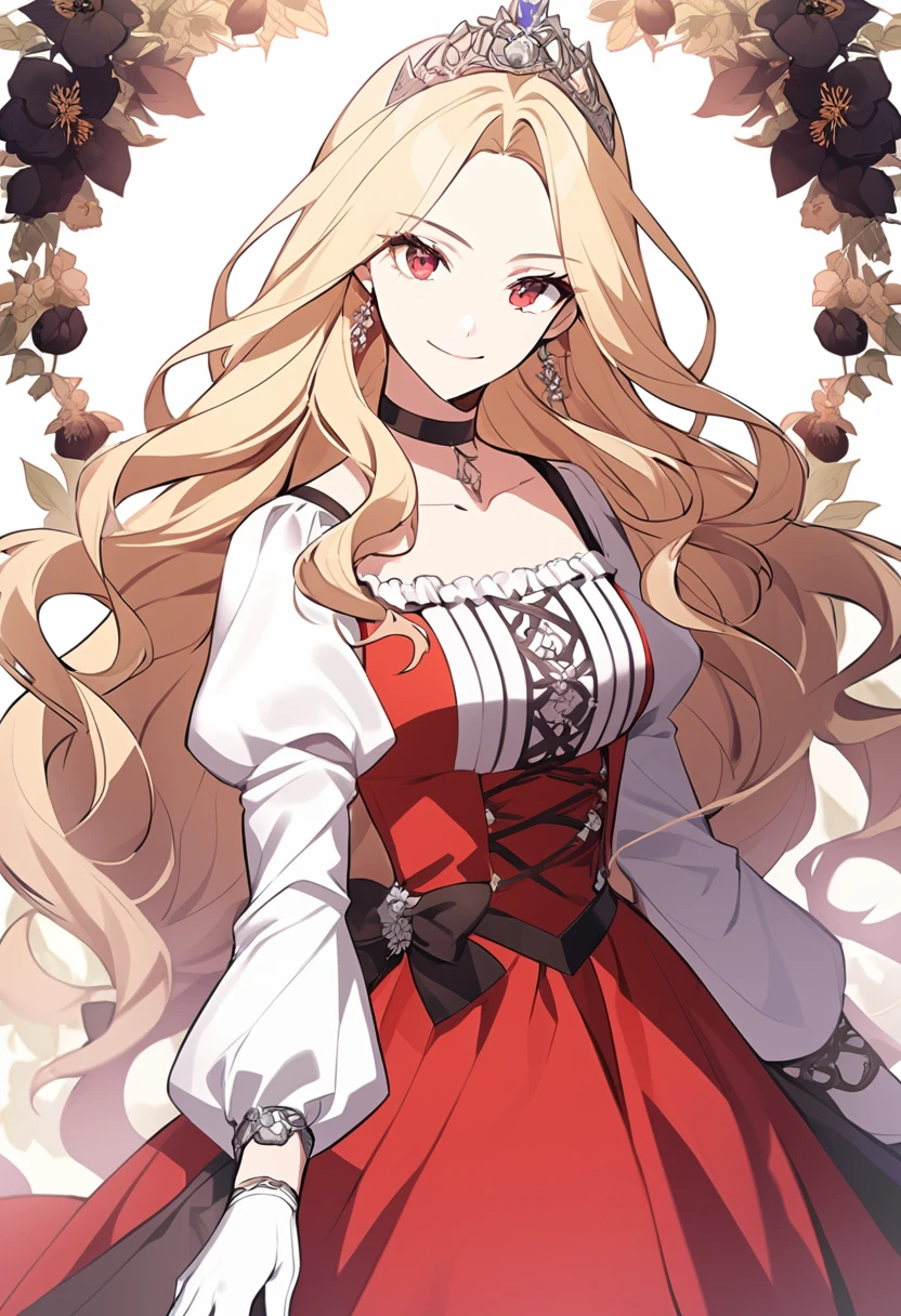 fantasy style, floral background, romance manhwa, 1girl, blonde hair, solo, long hair, flower, dress, tiara, white dress, gloves, long sleeves, choker, red eyes, white gloves, black bow, black flower, wavy hair, bow, jewelry, looking at viewer, white background, collarbone, puffy sleeves, silver accessories, upper body, parted bangs, very long hair, red dress, frills, bangs, closed mouth, smile, cowboy shot, dynamic pose, dynamic angle, dynamic cut