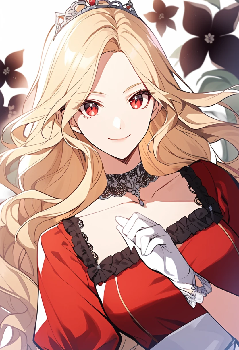 fantasy style, floral background, romance manhwa, 1girl, blonde hair, solo, long hair, flower, dress, tiara, white dress, gloves, long sleeves, choker, red eyes, white gloves, black bow, black flower, wavy hair, bow, jewelry, looking at viewer, white background, collarbone, puffy sleeves, silver accessories, upper body, parted bangs, very long hair, red dress, frills, bangs, closed mouth, smile, cowboy shot, dynamic pose, dynamic angle, dynamic cut