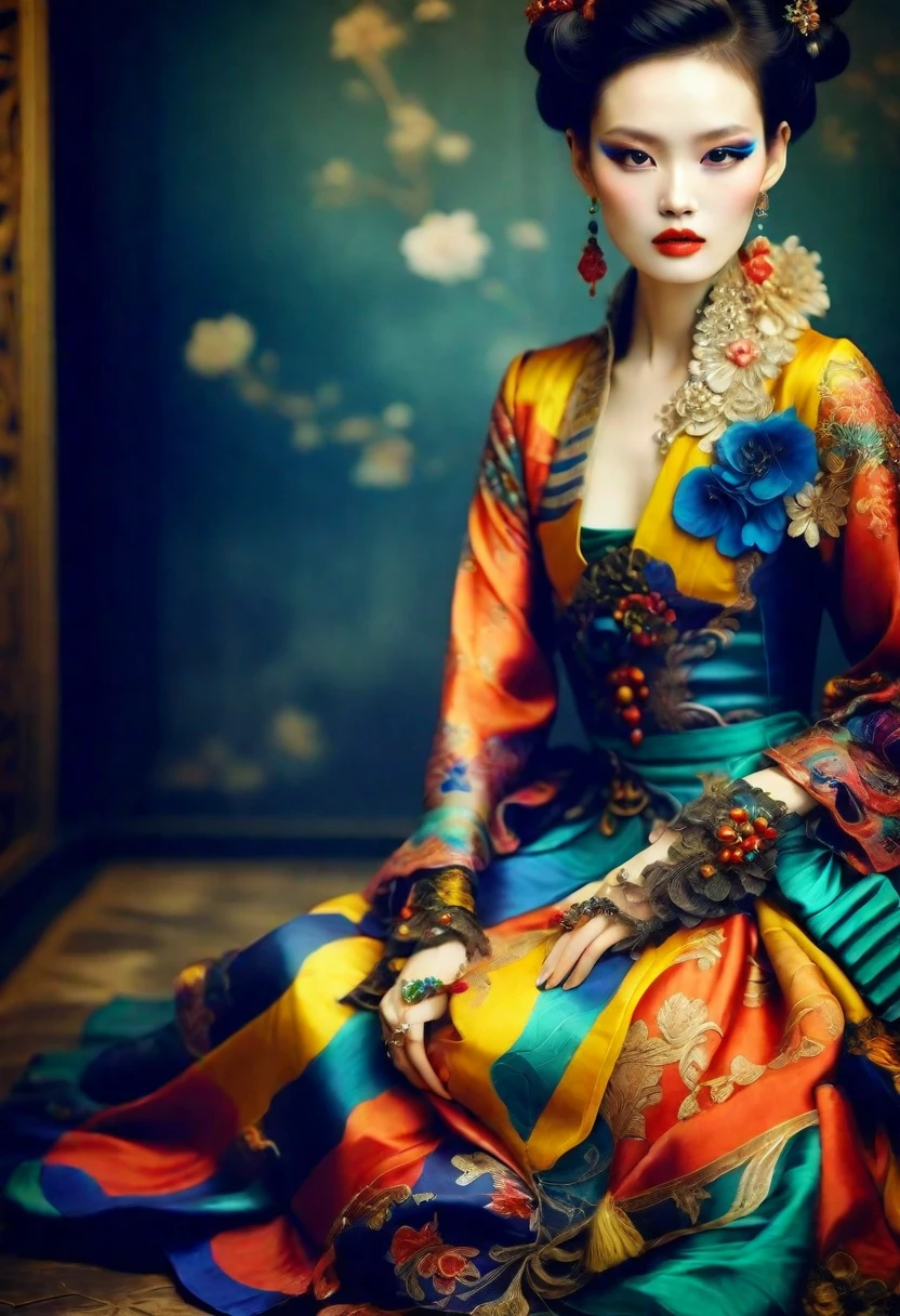 araffe woman in a colorful dress sitting on th floor, style of paolo roversi, in style of paolo roversi, her hands or her laps, paolo roversi, 1920s gaudy color, wearing ornate silk clothes, inspired by Pan Yuliang, chie yoshii, inspired by Jin Nong, black background, shallow depth of field bokeh background