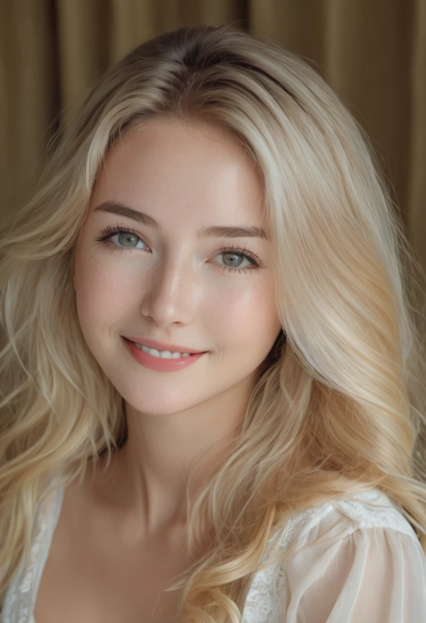 European Caucasian Woman、One person、Maria, 18 years old、1 person、Thin contours、Grey Eyes、Realistic bust size 90cm、Narrow waist、White and translucent skin、Natural light blonde medium long hair、8-head-tall model style、Long dress、Waist-down angle、smile、Hotel Rooms