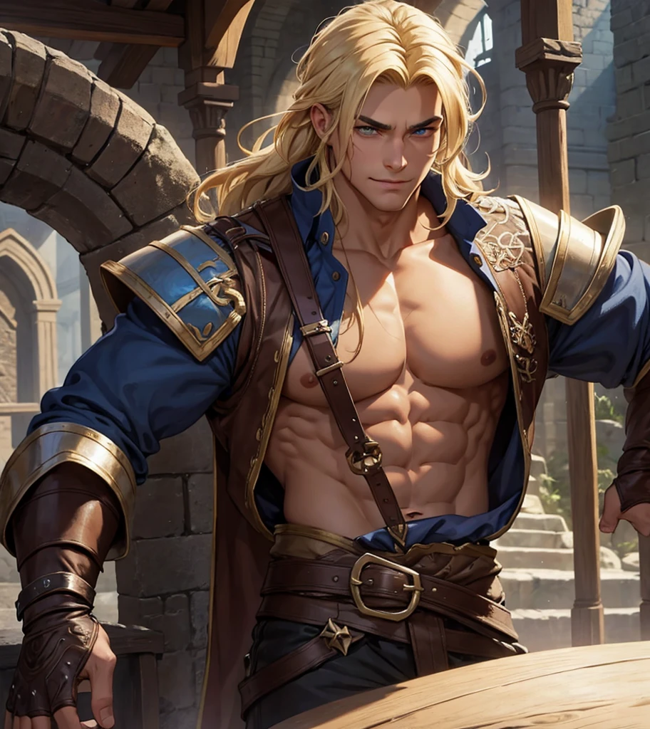 (((Single character image.))) (((1boy))) (((Luxurious hair and sexy smirk.))) (((18 years old.))) (((18yo.))) (((Dressed in medieval fantasy attire with pirate themes.))) (((Looks like a younger version of Lazar Angelov.))) Cute guy. Hot guy.  (((Looks like Adonis.))) (((Dressed in medieval fantasy attire.))) (((Intense, sexy stare.))) (((Beautiful shoulder length blond hair.))) Gorgeous male character with a body that women lust for.  (((Lusty smirk.))) Looks like a fun-loving and heroic male adventurer for Dungeons & Dragons. Looks like a very attractive male adventurer for a high fantasy setting. Looks like a hot boyfriend. Looks like a handsome and rugged male adventurer for Dungeons & Dragons. Looks like a handsome male for a medieval fantasy setting. Looks like a Dungeons & Dragons adventurer, very cool and masculine hair style, black clothing, handsome, charming smile, adventurer, athletic build, excellent physique, confident, gorgeous face, gorgeous body,  detailed and intricate, fantasy setting,fantasy art, dungeons & dragons, fantasy adventurer, fantasy NPC, attractive male in his mid 20's, ultra detailed, epic masterpiece, ultra detailed, intricate details, digital art, unreal engine, 8k, ultra HD, centered image award winning, fantasy art concept, digital art, centered image, flirting with viewer, best quality:1.0,hyperealistic:1.0,photorealistic:1.0,madly detailed CG unity 8k wallpaper:1.0,masterpiece:1.3,madly detailed photo:1.2, hyper-realistic lifelike texture:1.4, picture-perfect:1.0,8k, HQ,best quality:1.0,