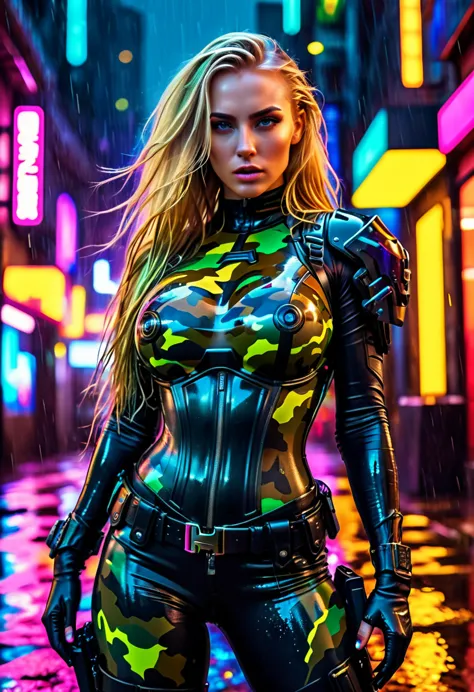 Beautiful young woman with large breasts and an ideal figure, Muscular, Wearing camouflage at night_High cut latex bodysuit, Uti...